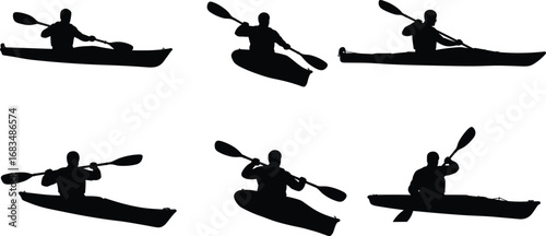Silhouettes of People Kayaking in Different Positions with Paddles in Canoes or Kayaks on White Background for Outdoor Adventure Concepts