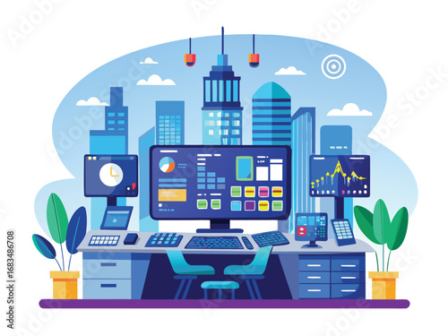 Modern smart city command center with futuristic technology and urban landscape