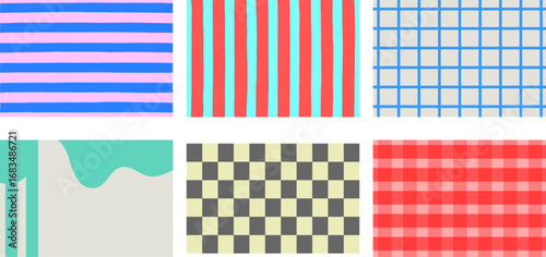 Abstract pattern set with colorful stripes, grids, checkerboard, gingham checks, and drip design for modern backgrounds, textiles, posters, packaging, and digital artwork