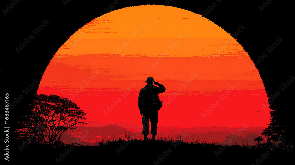 Fototapeta premium Silhouette soldier sunset: military art, remembrance day, war memorial
