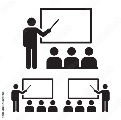 Teacher giving presentation and classroom training icons