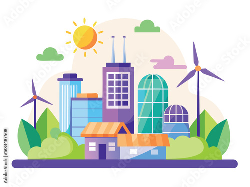 Modern cityscape powered by renewable energy wind turbines and solar panels
