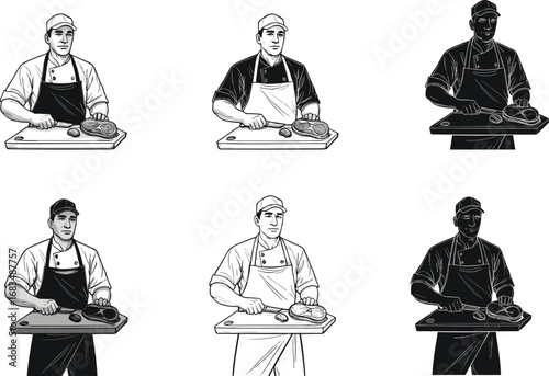 Vector illustration of butcher cutting meat on board, professional chef character in uniform, detailed vintage style for food industry use.