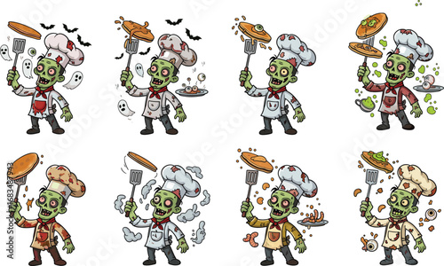 Zombie chef cartoon character cooking spooky food with spaghetti, pizza, pancake, bats, ghost steam, green goo
