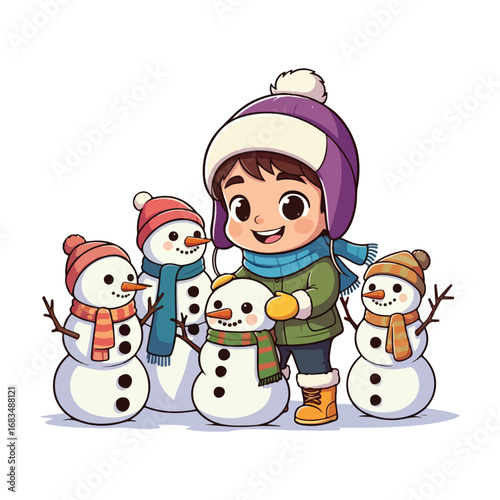 A joyful snowman family with hats and scarves celebrates the winter season with a festive cartoon smile