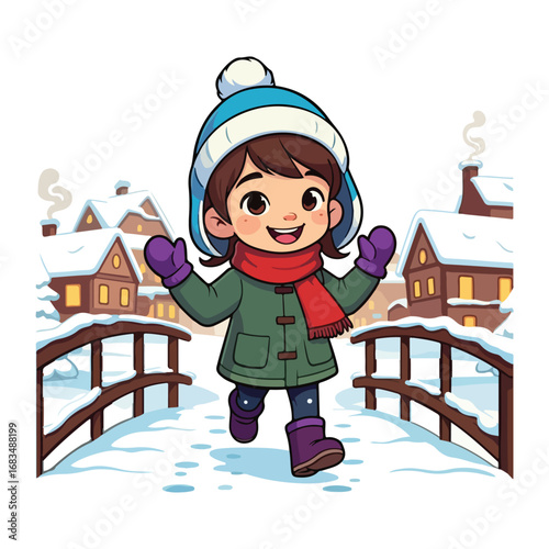 A happy little girl plays in the snow, her hat a pop of color against the white winter backdrop