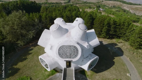 Aerial drone shot of Ilinden, Krusevo spomenik, a memorial for the Ottoman era uprising and partisan in Macedonia