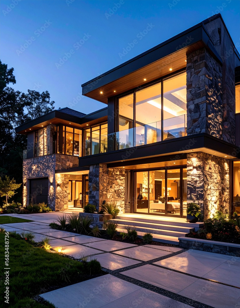Obraz premium Explore a breathtaking modern residential real estate masterpiece at dusk an evening showcase of architectural elegance in a serene environment with captivating viewpoints