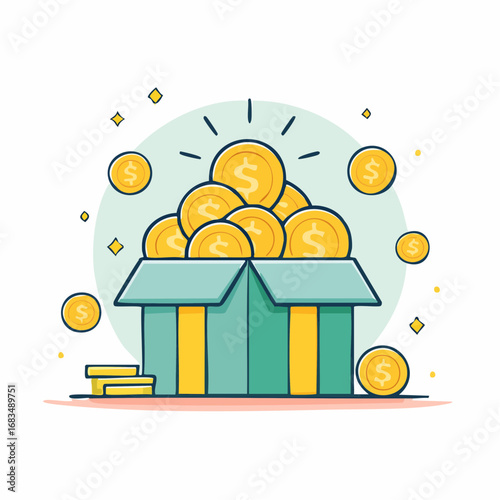 Open Gift Box Overflowing with Golden Coins, Symbolizing Financial Reward and Wealth Accumulation