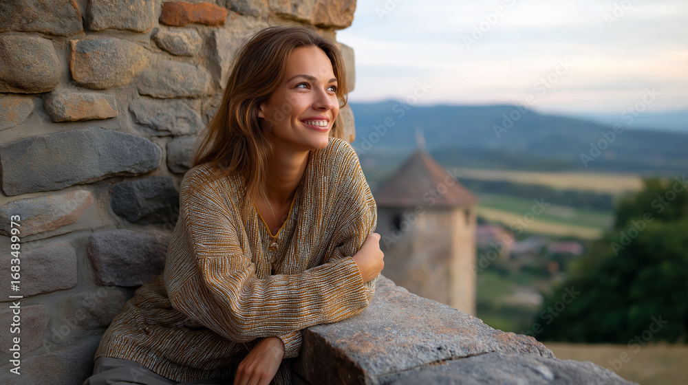 Fototapeta premium A woman enjoys a castle view, the scenic scene illuminated by gentle light. Woman, castle, with copy space