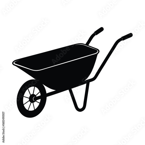 Black silhouette of a garden wheelbarrow on white gardening