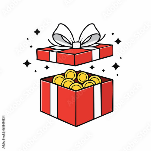 Open gift box with gold coins and sparkle
