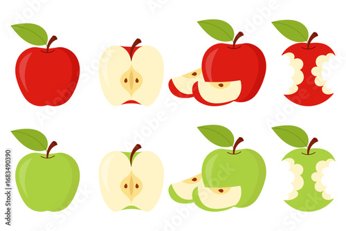 Cartoon cut set of apples with slices and bitten fruits, minimalistic modern style.