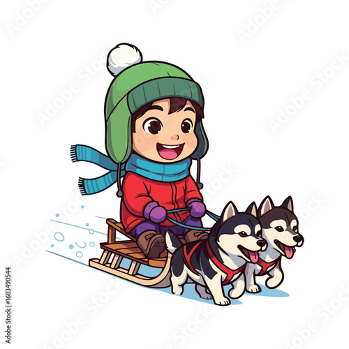 Funny comic drawing of a little boy and his dog playing in the snow during Christmas