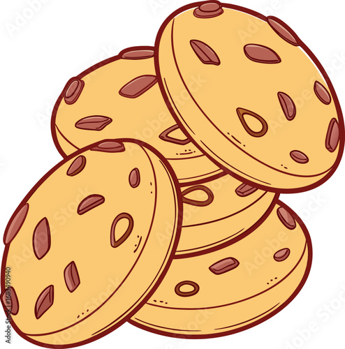 Vector art of a pile of delicious chocolate chip cookies, a classic and beloved baked treat, perfect for any occasion