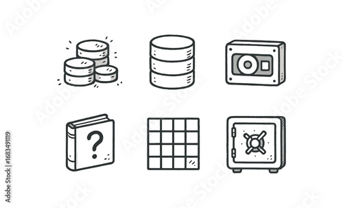 hand drawn cute doodle style line isolated on white background: data cluster db column backup tape query book db grid archive vault