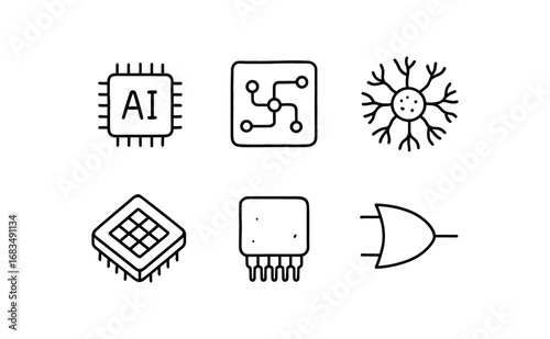 hand drawn cute doodle style line isolated on white background: ai chip circuit board neuron core silicon die processor pin logic gate