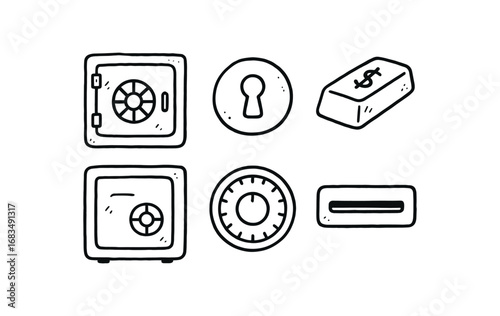 hand drawn cute doodle style line isolated on white background: vault door round lock cash bar safe box combo dial deposit slot