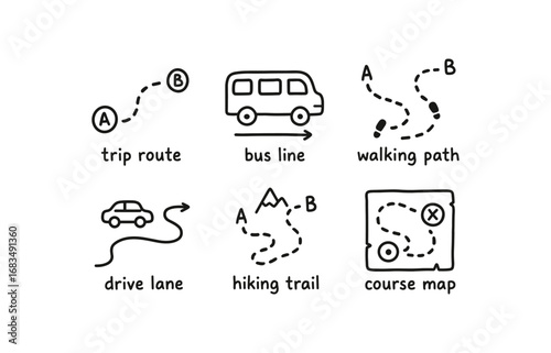 hand drawn cute doodle style line isolated on white background: trip route bus line walking path drive lane hiking trail course map
