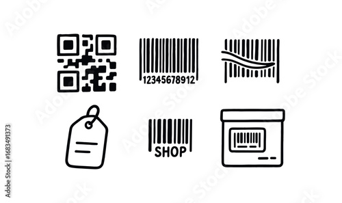 hand drawn cute doodle style line isolated on white background: qr upc code scanner beam item tag shop code box label