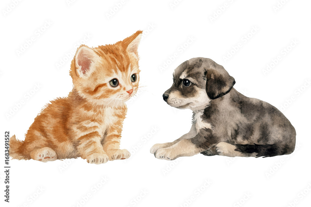 Fototapeta premium Watercolor of kitten and puppy sitting together isolated on transparent background
