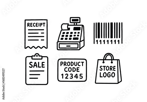 hand drawn cute doodle style line isolated on white background: receipt slip cash register barcode sale record product code store logo