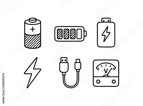 hand drawn cute doodle style line isolated on white background: battery cell charge bar power pack energy bolt usb cable voltage meter