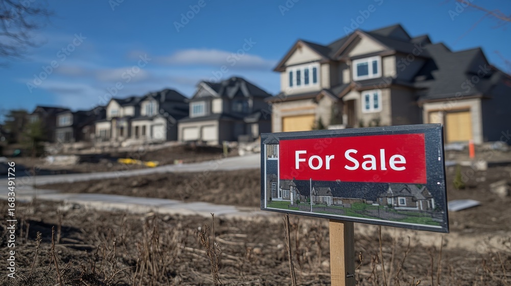 Obraz premium For sale sign displaying opportunity at newly built houses residential area real estate photography clear sky attractive homes for home buyers
