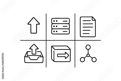 hand drawn cute doodle style line isolated on white background: upward arrow server rack data sheet outbox tray export slip network line. hand drawn cute doodle style line isolated on white