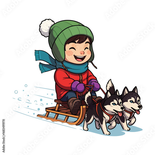 A smiling cartoon boy with a winter cap and a beard is having fun skating on a skateboard like a pirate warrior