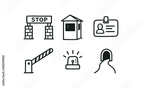 hand drawn cute doodle style line isolated on white background: checkpoint gate guard booth id card barrier scan light entry path