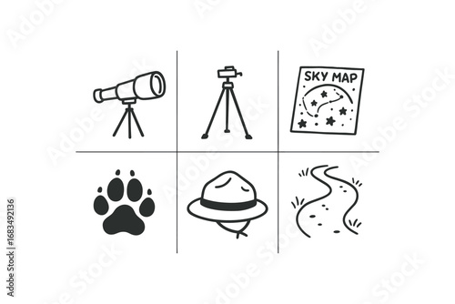 hand drawn cute doodle style line isolated on white background: field scope tripod stand sky map wildlife track ranger hat trail path