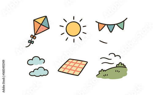 hand drawn cute doodle style line isolated on white background: beach kite sun ray festival flag open sky picnic mat breezy hill