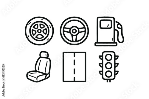 hand drawn cute doodle style line isolated on white background: wheel steering wheel fuel pump driver road lane traffic light