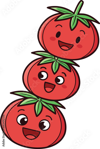 Vector art of three happy cartoon tomatoes stacked on top of each other, isolated on a