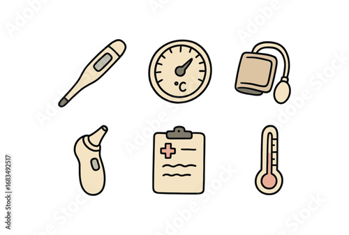 hand drawn cute doodle style line isolated on white background: oral probe temperature dial medical cuff ear sensor clinical record heat scale