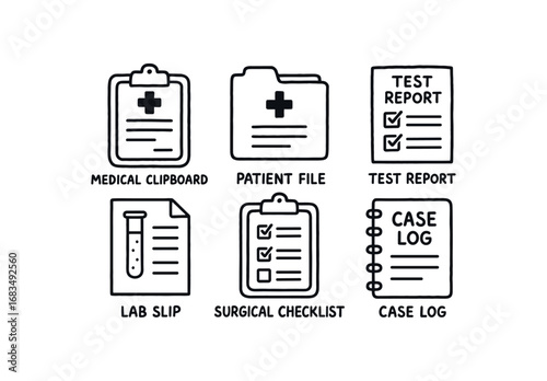 hand drawn cute doodle style line isolated on white background: medical clipboard patient file test report lab slip surgical checklist case log