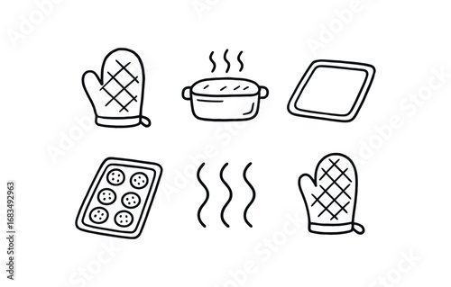 hand drawn cute doodle style line isolated on white background: oven mitt hot tray baking sheet cookie pan heat wave kitchen glove
