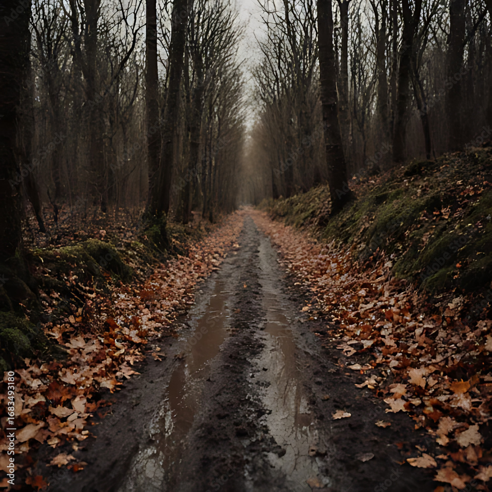 Obraz premium Misty Forest Path in Autumn – Dark and Mysterious Wood Trail