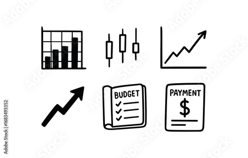 hand drawn cute doodle style line isolated on white background: bar chart grid candlestick chart trend line growth arrow budget ledger payout slip