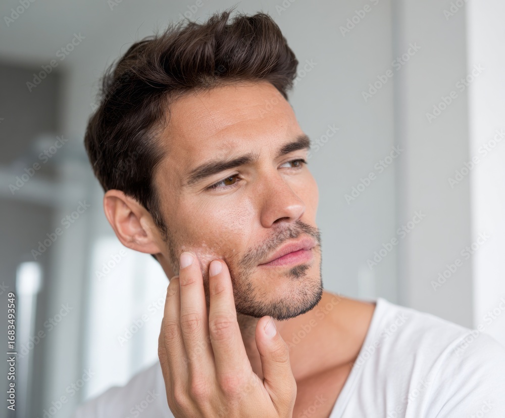 Naklejka premium Close-up view of a man examining his skin, highlighting a skincare concern and a thoughtful expression.