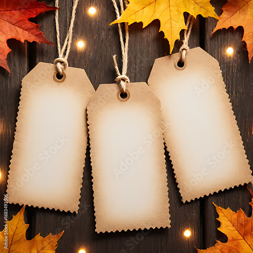 Vintage Paper Tags with Autumn Leaves on Wooden Background