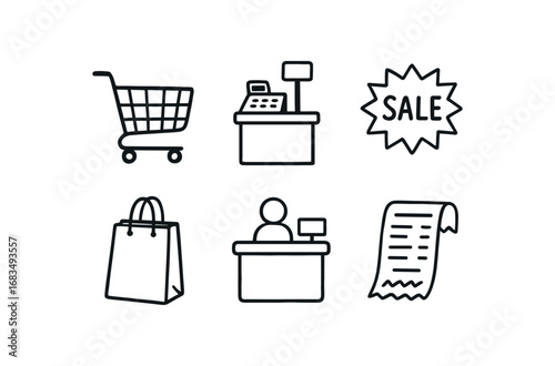 hand drawn cute doodle style line isolated on white background: shopping cart checkout kiosk sale retail bag customer desk shop receipt