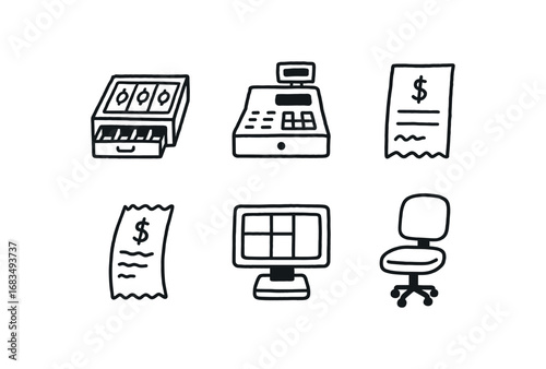 hand drawn cute doodle style line isolated on white background: money drawer checkout till payment slip transaction receipt register screen cashier