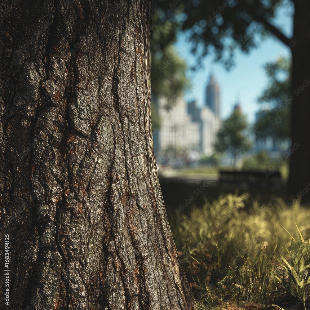 Fototapeta premium Close-up tree trunk, city park background