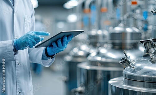 Scientist in a lab coat using a tablet in a pharmaceutical factory.