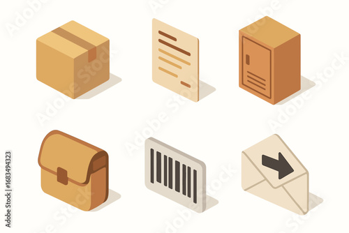 isometric icon items isolated on white background package box waybill slip locker bin courier bag barcode code dispatch