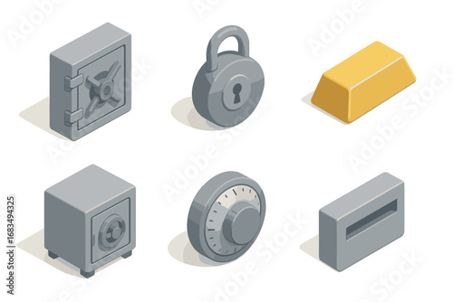isometric icon items isolated on white background vault door round lock cash bar safe box combo dial deposit slot