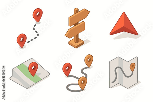 isometric icon items isolated on white background route line travel path road sign gps arrow track map journey