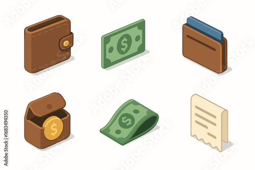 isometric icon items isolated on white background wallet leather cash note card slot coin pocket fold bill payment slip
